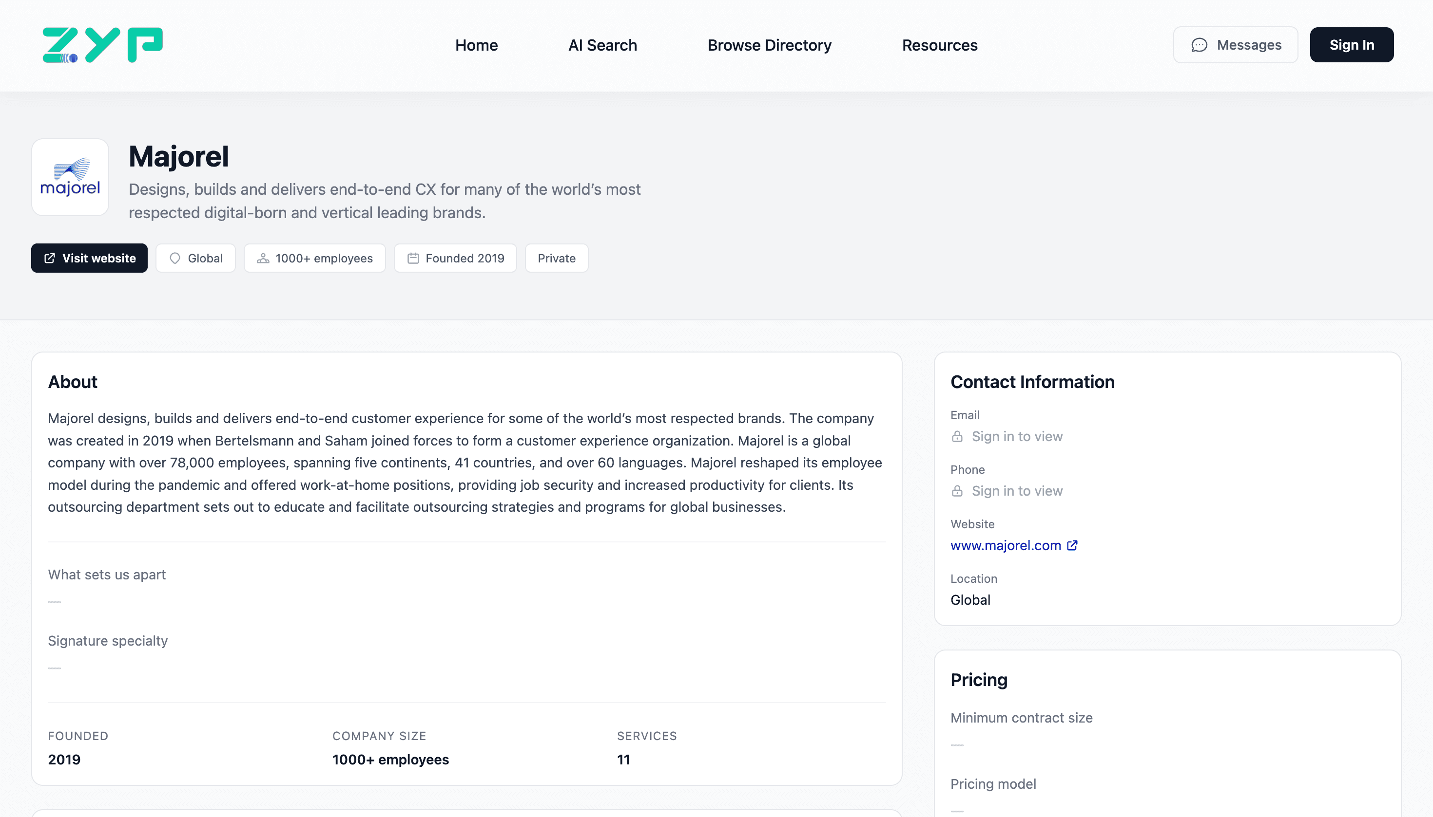Zyp Directory browse view with company listings