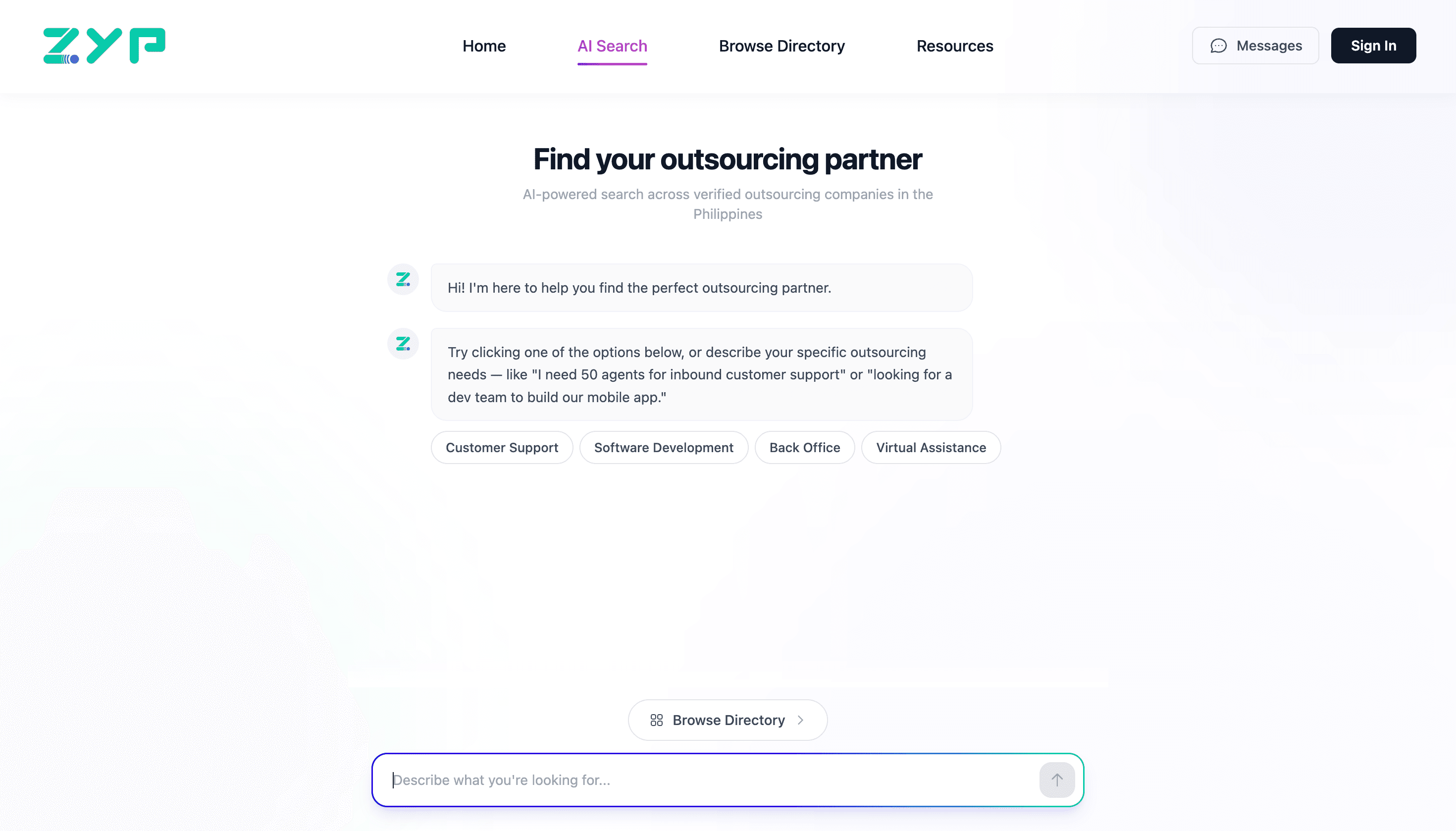 Zyp Directory AI search interface
